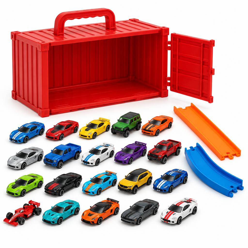 Kit 48 Mini Carrinhos de Metal com Container e 2 Pistas